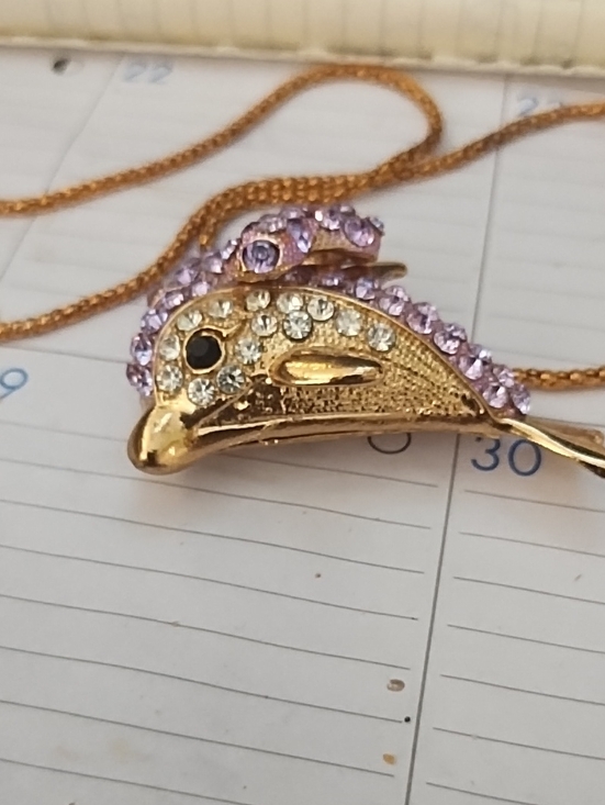 Jewelry - Betsey Johnson Gold Dolphin Pendant Necklace with Clear and Lavender Rhinestones